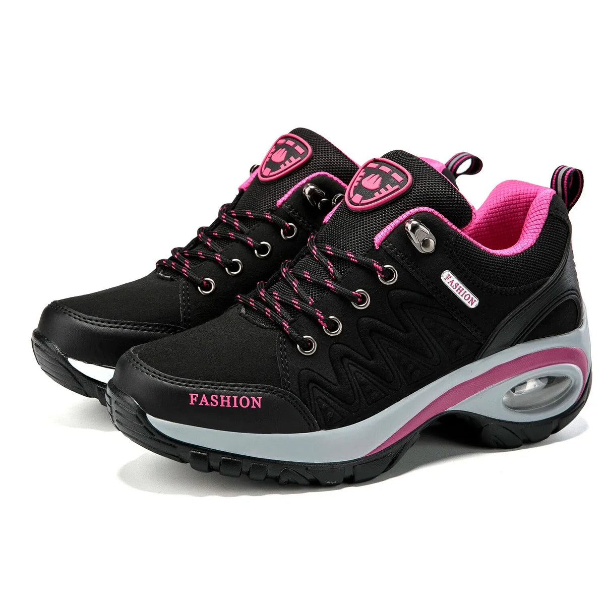 Black and pink sneakers with 'Fashion' text on a white background