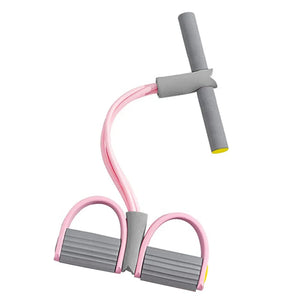 Resistance band with gray and pink handles on a white background
