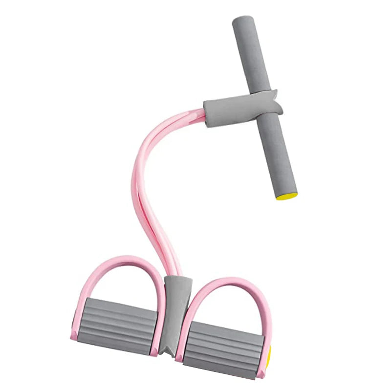 Resistance band with gray and pink handles on a white background