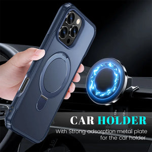 MagSafe Fold Magnetic Stand iPhone Case Anti-Slip Bumper Wireless Charge with car holder feature held by a hand, with a car interior background.