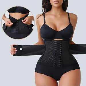 Woman wearing a black double belt waist cincher with before and after illustrations on a light gray background
