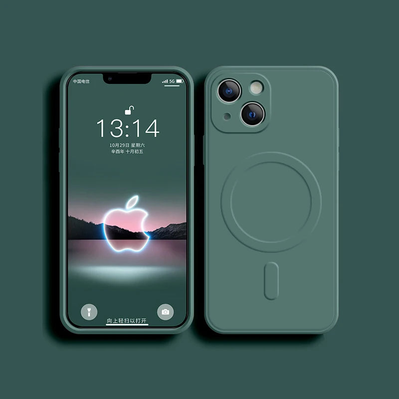 Smartphone with green case on a dark green background