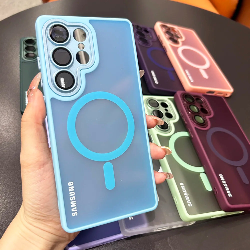 Magnetic matte translucent Samsung Galaxy case with camera lens protection and shockproof bumper