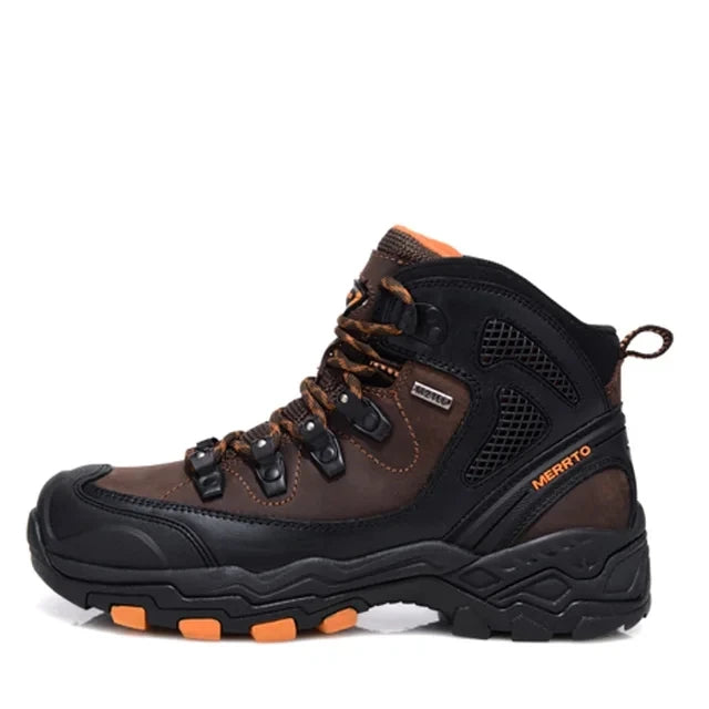 Brown and black hiking boot with orange accents on a white background