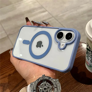 Luxury Magnetic Transparent Bumper Case for iPhone 11–17 held by a hand on a wooden surface