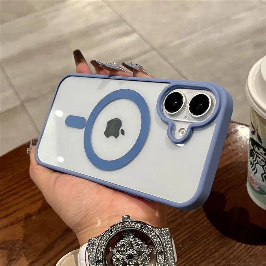 Luxury Magnetic Transparent Bumper Case for iPhone 11–17 held by a hand on a wooden surface