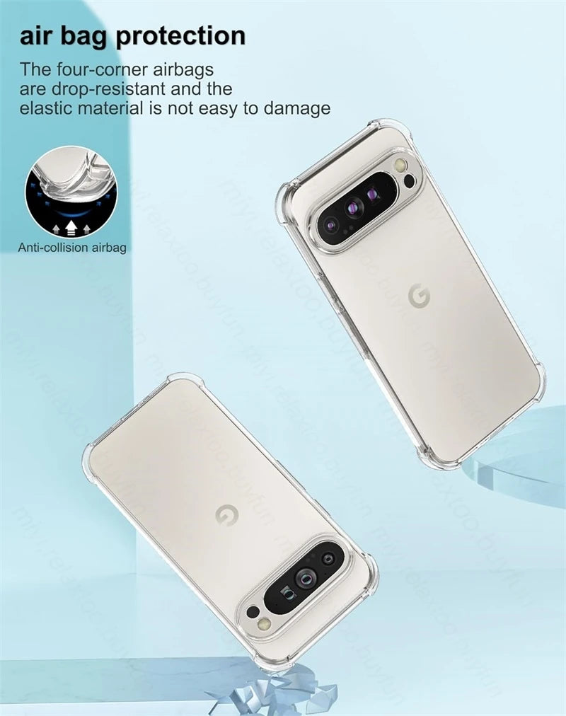 Phone case with air bag protection feature on a light blue background