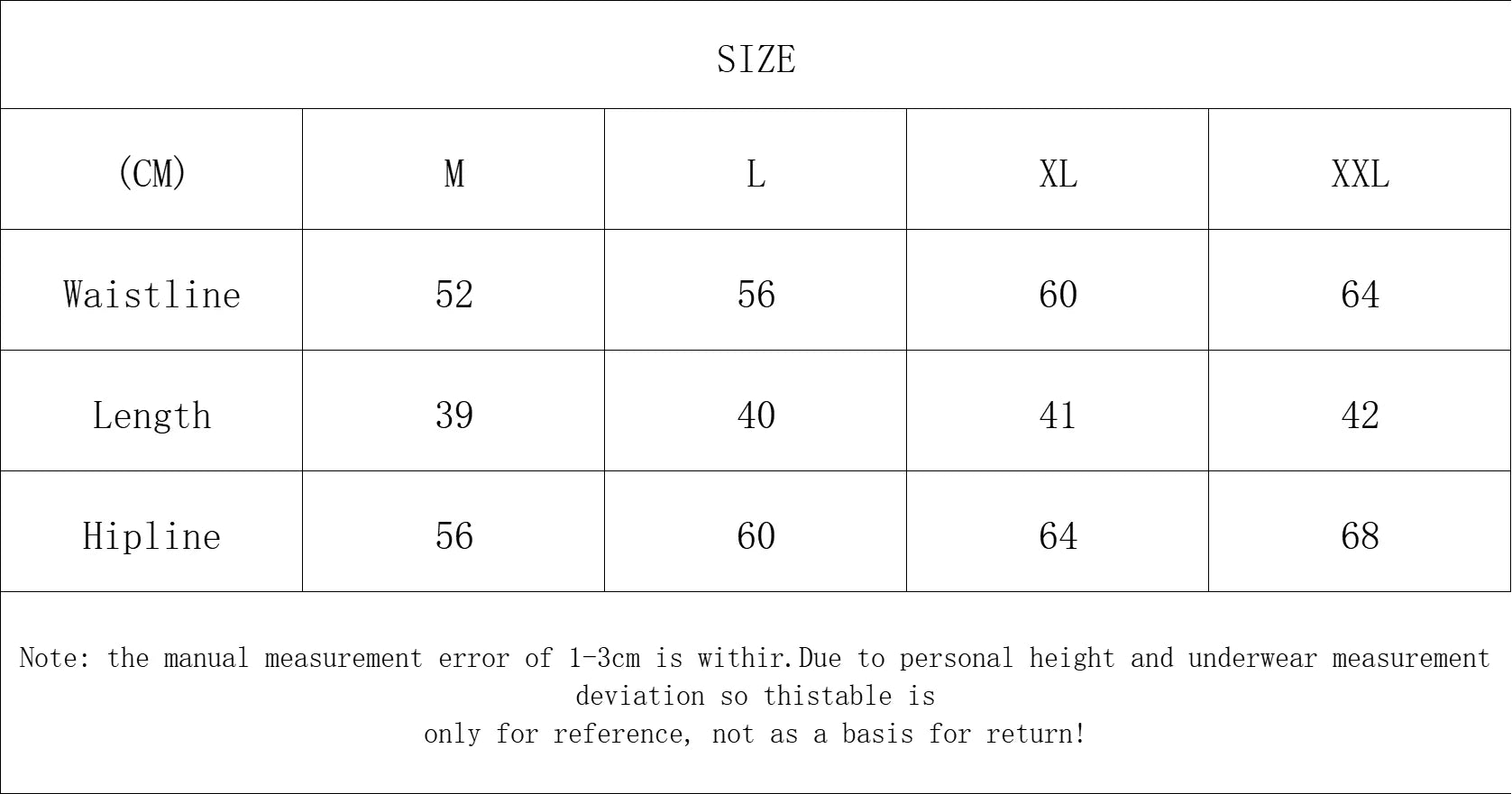 Size chart for underwear with measurements in centimeters for waistline, length, and hipline.