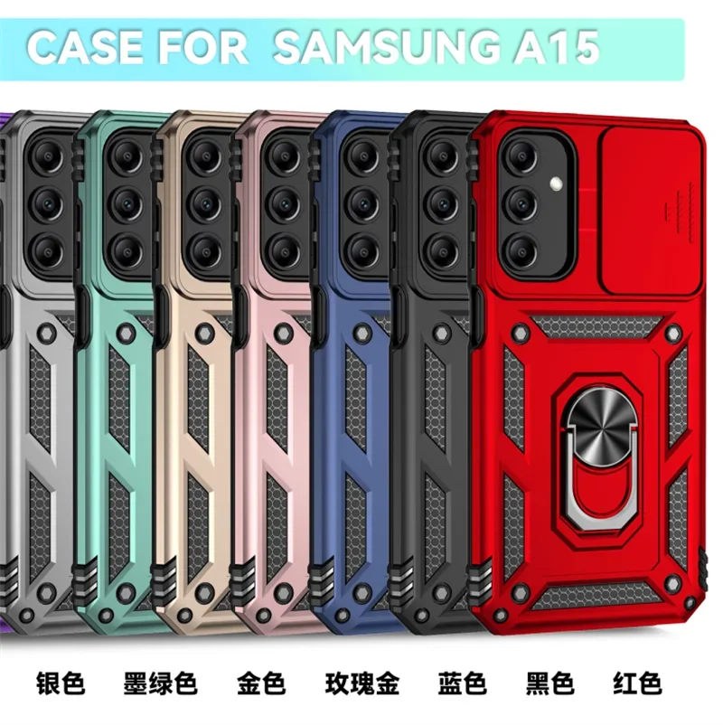 Row of phone cases for Samsung in various colors Military Armor Samsung Galaxy Case with Slide Camera Lens and Holder Ring