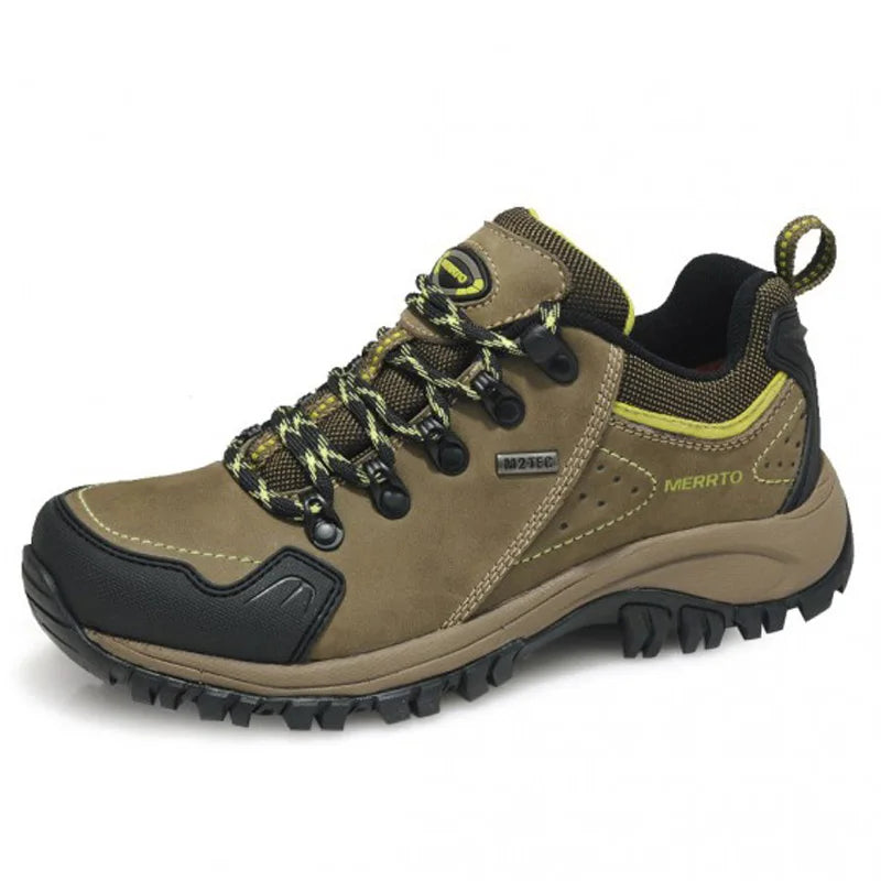 Brown hiking shoe with black sole on a white background