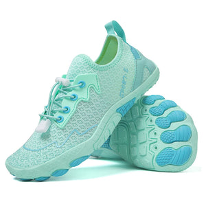 Light blue running shoes with white laces on a white background