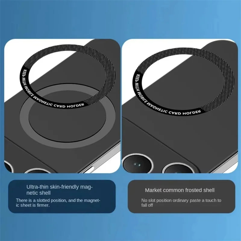 Two views of a black magnetic shell on a iphone case with text describing features.