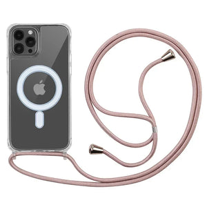 Crossbody Magnetic Clear iPhone Case with Lanyard Hard PC Back Cover and clear design, featuring a pink necklace strap.