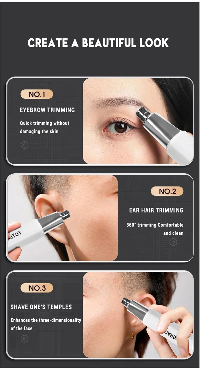 Product advertisement for a grooming tool with close-up images of use on face and ear.