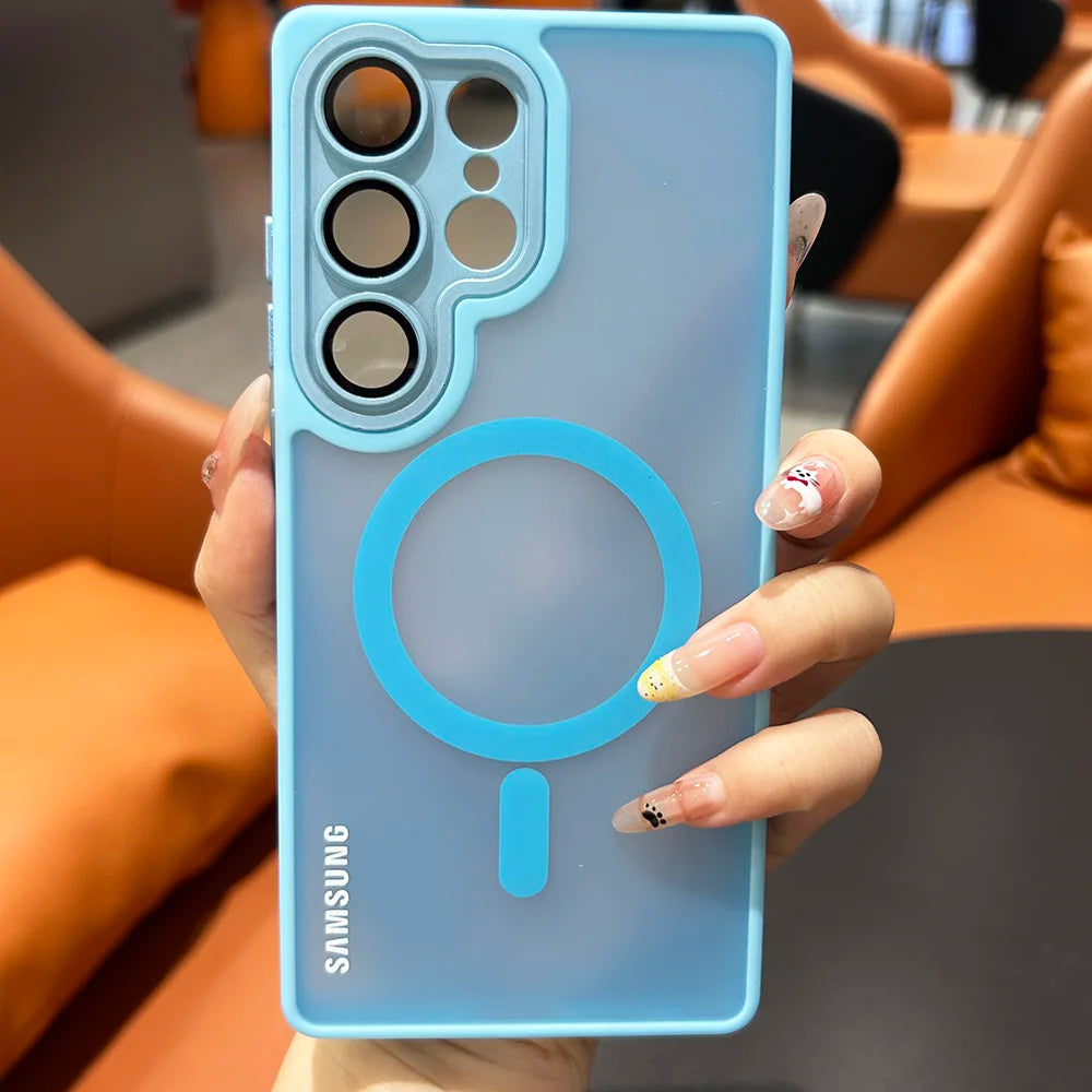 Magnetic matte translucent Samsung Galaxy case with camera lens protection and shockproof bumper