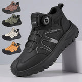 A black mid-top lace-up shoe with a circular dial closure and chunky sole, shown prominently on a light gray background. Four smaller color variants are displayed along the left side.