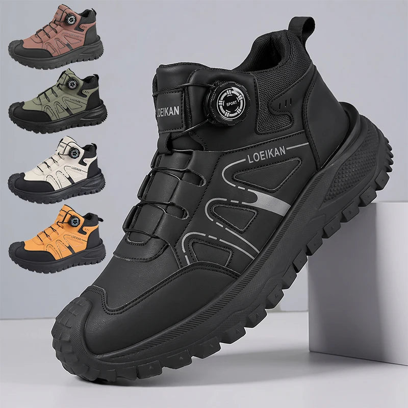 A black mid-top lace-up shoe with a circular dial closure and chunky sole, shown prominently on a light gray background. Four smaller color variants are displayed along the left side.