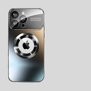 Magnetic iPhone case with camera glass protection and MagSafe compatibility on a gray background