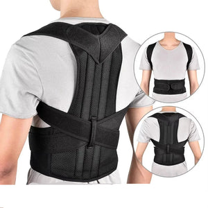 Black Adjustable back support strap for shoulder alignment and daily posture comfort worn by a person with inset images showing different views.