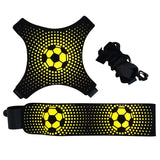 Black and yellow dog harness with soccer ball design on a white background