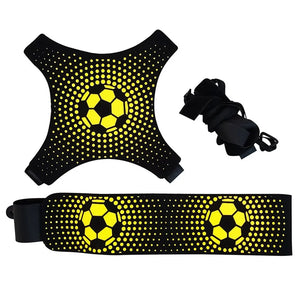 Black and yellow dog harness with soccer ball design on a white background