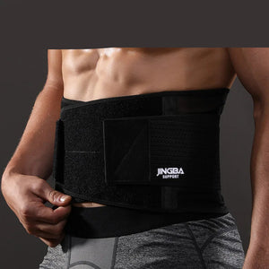 Person wearing a black waist support belt with 'JINGBA SUPPORT' branding.
