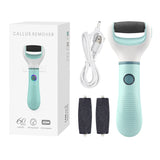Callus remover with packaging, USB cable, and replacement rollers on a white background