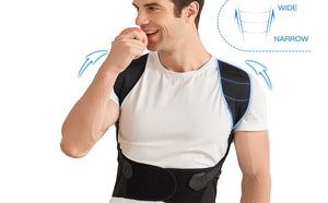 Man wearing a black and blue back brace with labeled wide and narrow areas on a white background