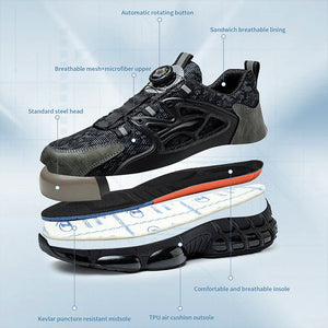 Black athletic shoe with labeled features on a light blue background