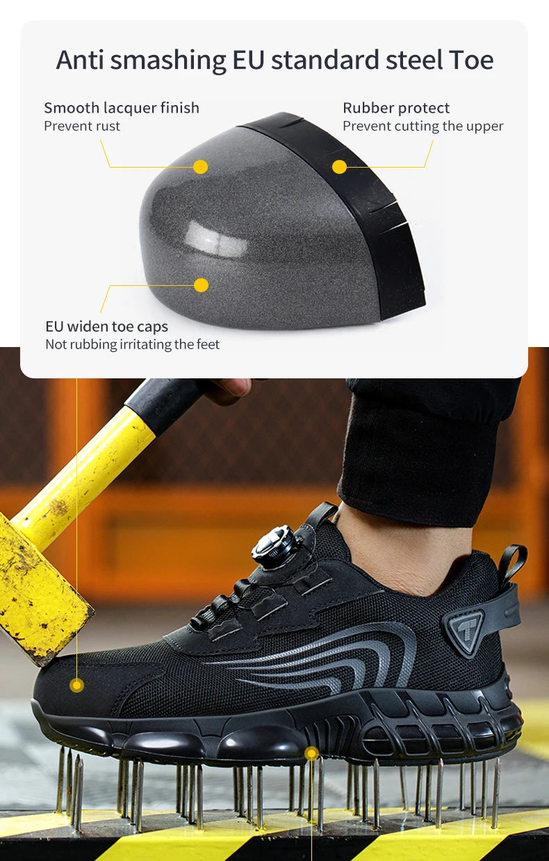 Black safety shoe with steel toe protection being tested against a hammer, on a white background.