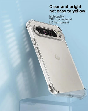 Clear phone case on a light blue background with text highlighting features.