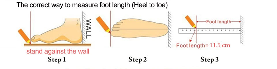 Step-by-step guide on measuring foot length from heel to toe using a wall and ruler.