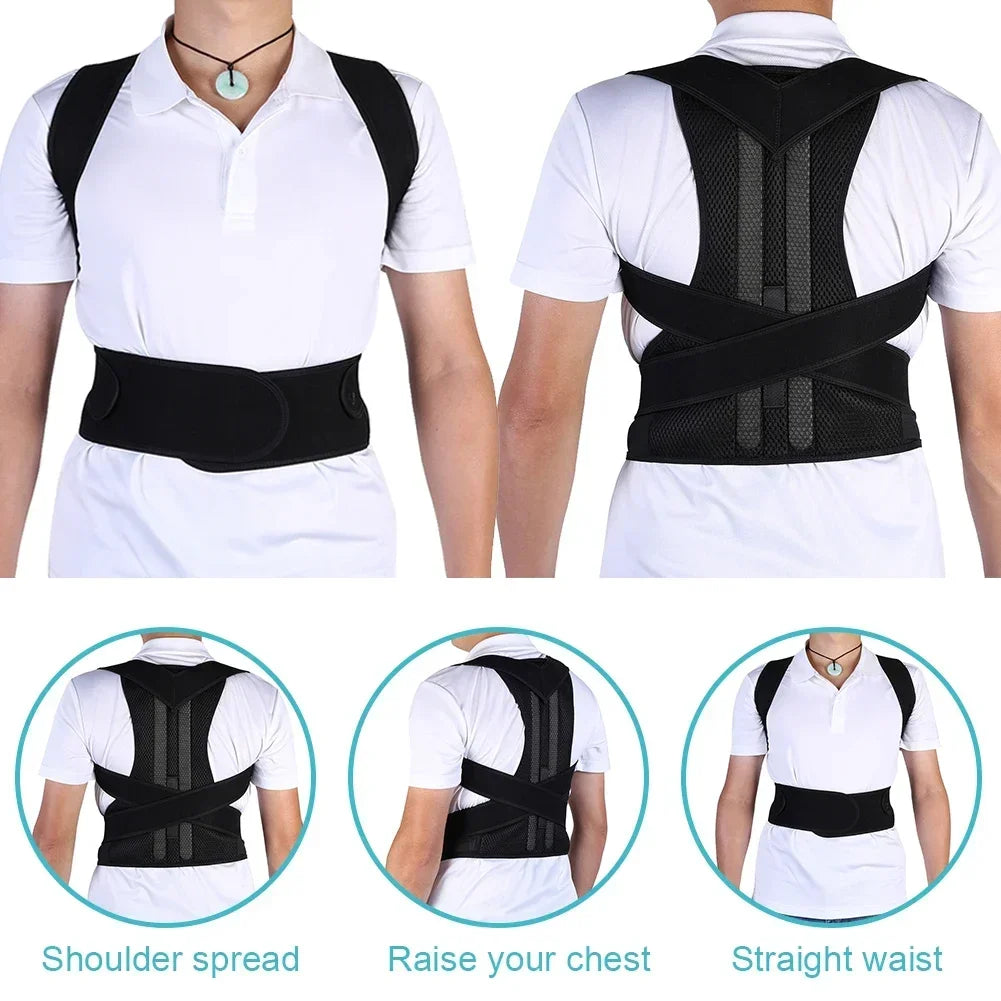 Black back support strap for shoulder alignment and daily posture comfort worn by a person, shown from front and back views, with additional views highlighting features.