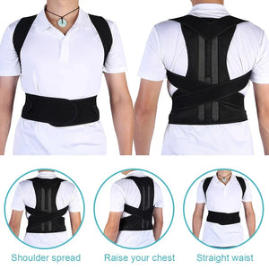 Black back support strap for shoulder alignment and daily posture comfort worn by a person, shown from front and back views, with additional views highlighting features.