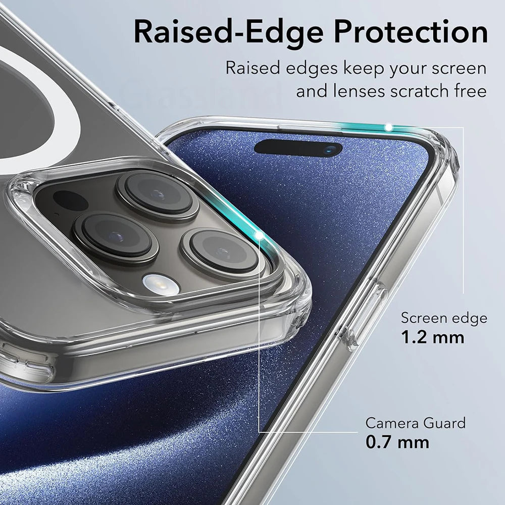 Phone case with raised-edge protection feature on a blue background