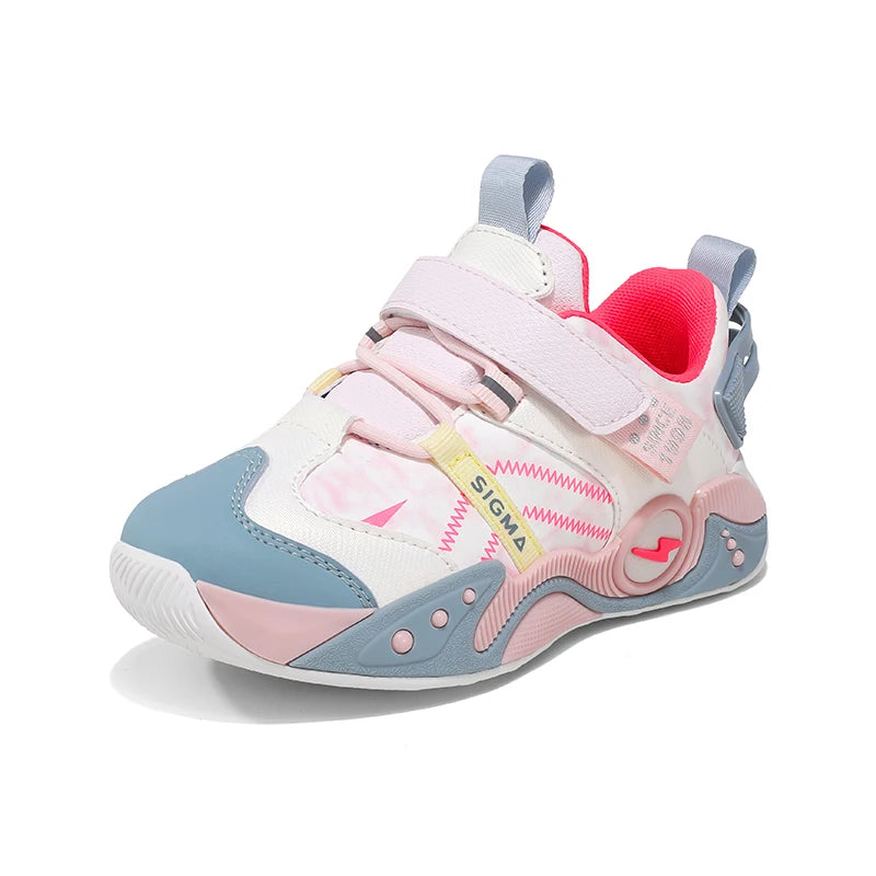 A children's high-top athletic sneaker in pastel pink, light blue, and white, featuring hook-and-loop straps, a yellow 'SIGMA' accent strap, and a bright pink inner lining, shown on a white background.