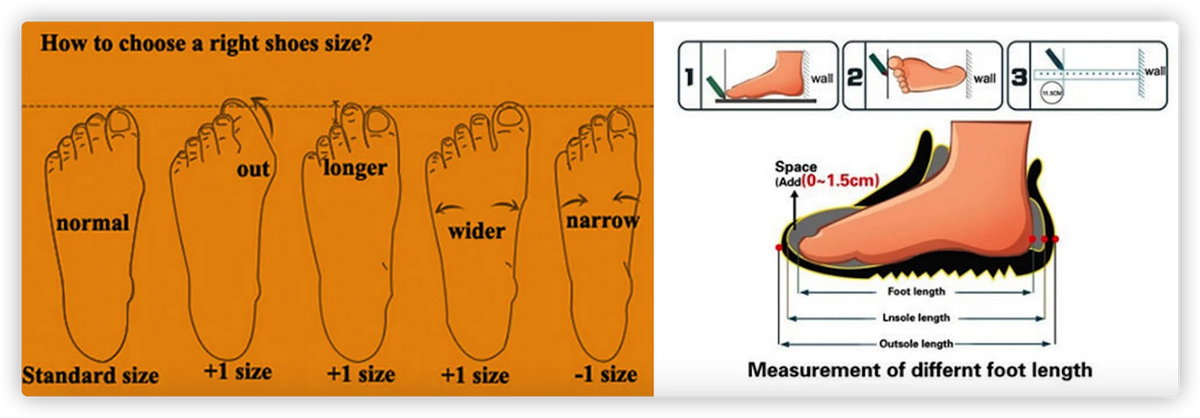 Chart showing how to choose the right shoe size with foot measurements and shoe illustrations.
