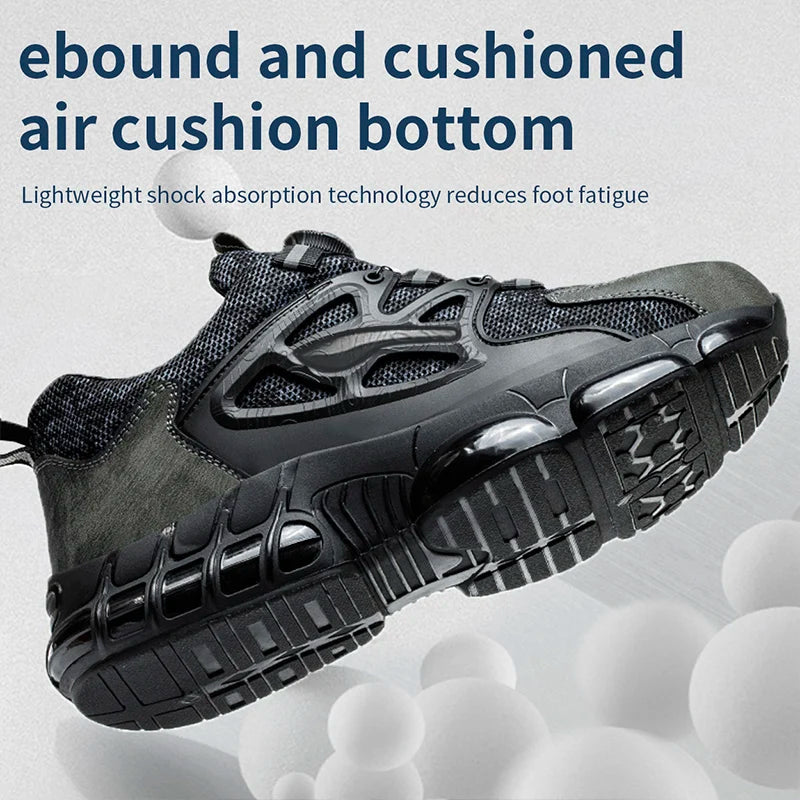 Black athletic work shoe with air cushion sole on a light gray background
