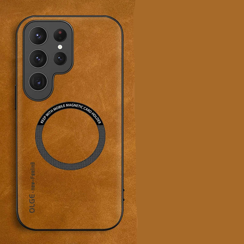 Luxury leather phone case with magnetic card holder on a brown background