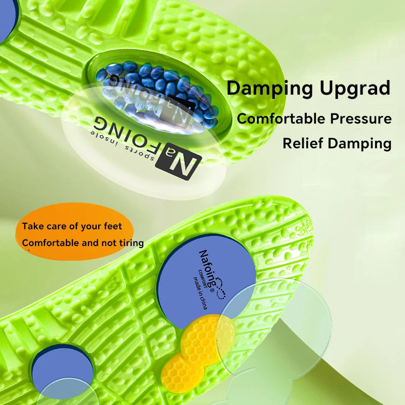 Green shoe sole with blue and yellow accents, featuring the brand 'Nafion'. Text on the image describes comfort and pressure relief.