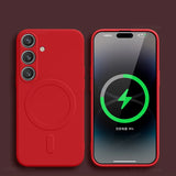 Red Matte magnetic silicone Samsung Galaxy case with charging indicator on a dark background