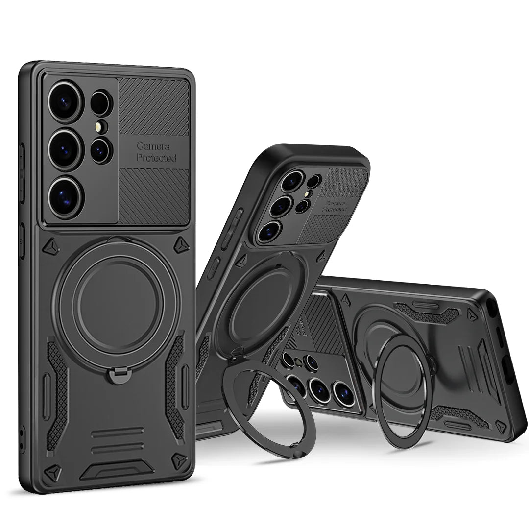 Black Shockproof Kickstand Ring Case for Samsung Galaxy S and A Series with ring holder and stand on a white background