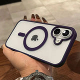 Luxury Magnetic Transparent Bumper Case for iPhone 11–17 held by a hand on a wooden surface