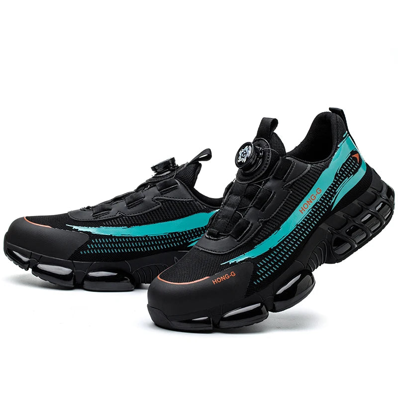 Black and teal athletic work shoes on a white background