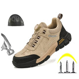 Beige work shoe with black sole on a white background.