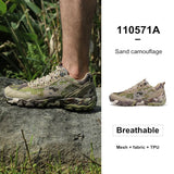 Camouflage sneaker on a rock with product details on the right