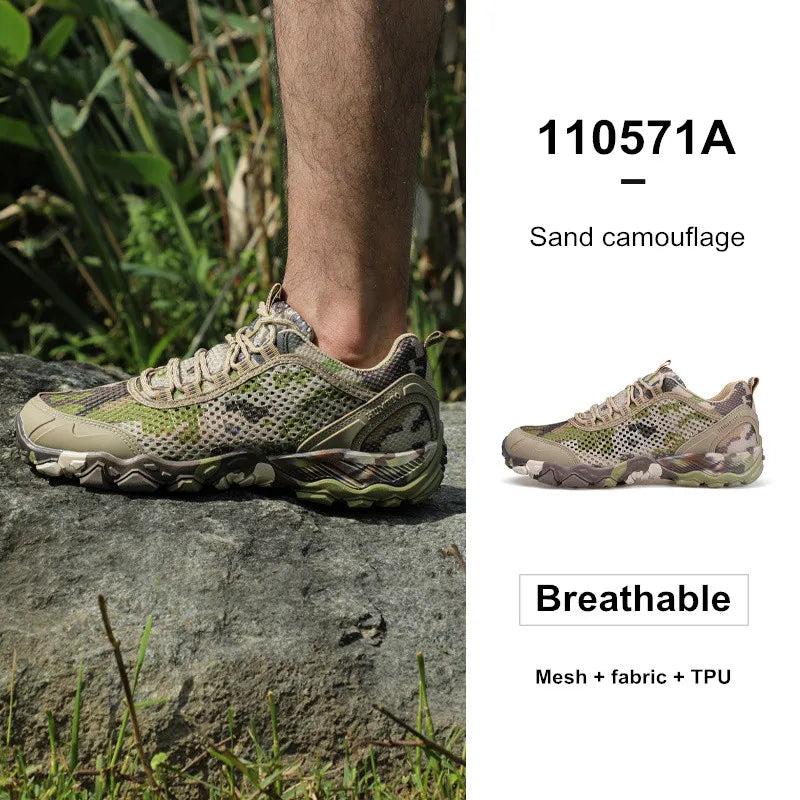 Camouflage sneaker on a rock with product details on the right