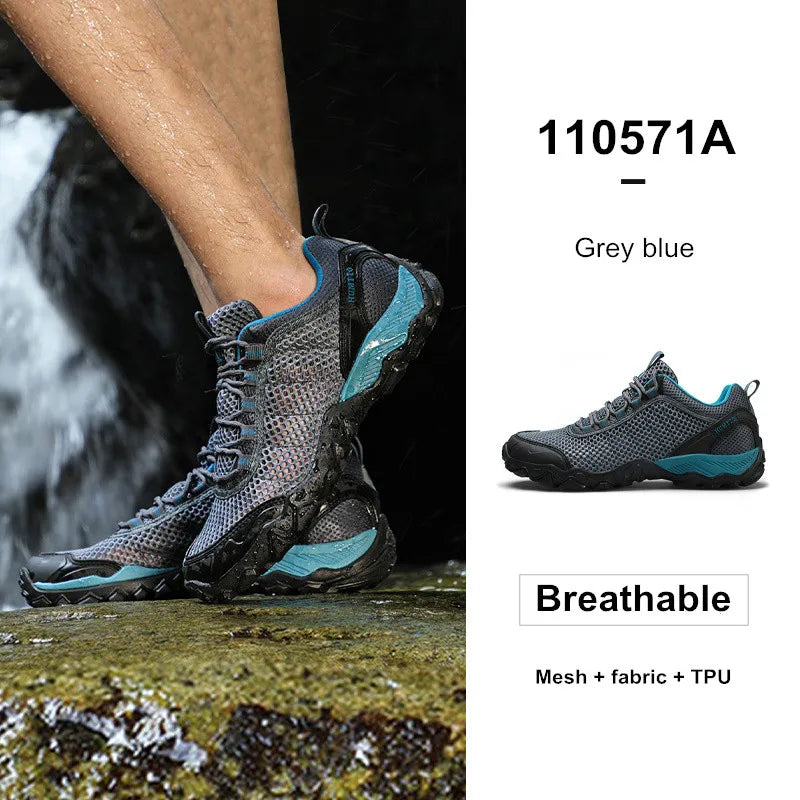 Gray blue hiking shoes with mesh, fabric, and TPU on a natural setting