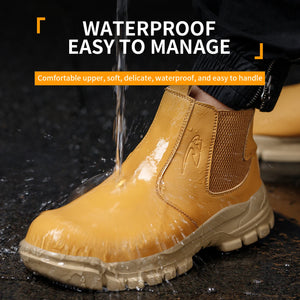 Yellow boot being sprayed with water on a dark background, emphasizing waterproof feature.