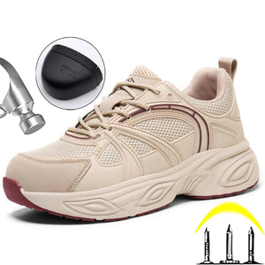 A beige and white women's work shoe sneaker with a thick chunky sole, shown on a white background with a hammer graphic, a circular inset of a black protective cap, and a graphic of three nails with a yellow arc above them.